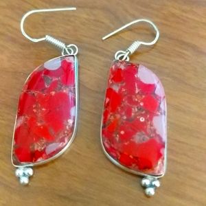 Copper Red Coral Silver Earrings
